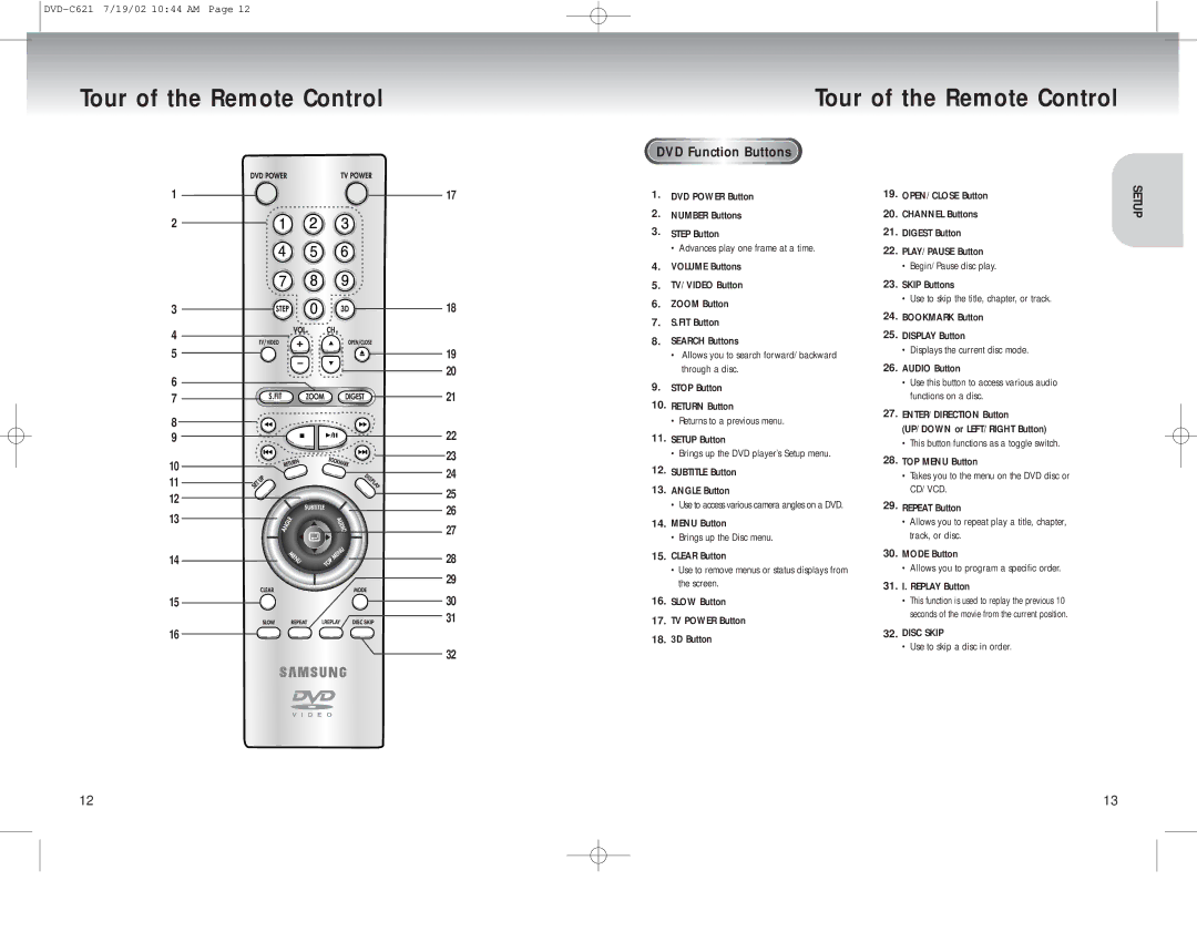 Samsung DVD-C621 manual Tour of the Remote Control, DVD Function Buttons 