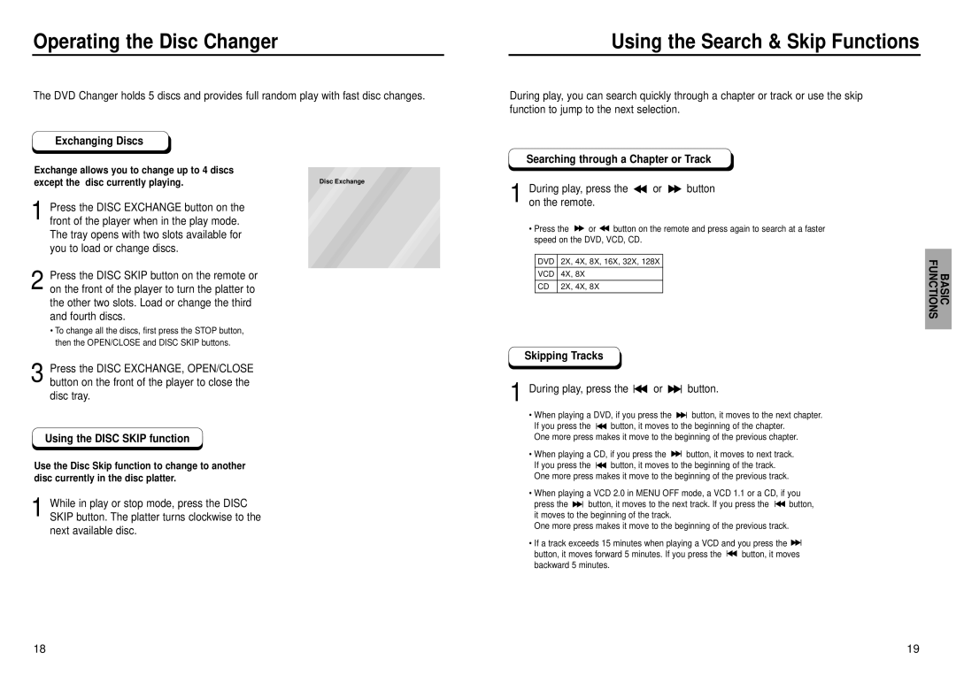 Samsung DVD-C631P manual Operating the Disc Changer, Using the Search & Skip Functions 