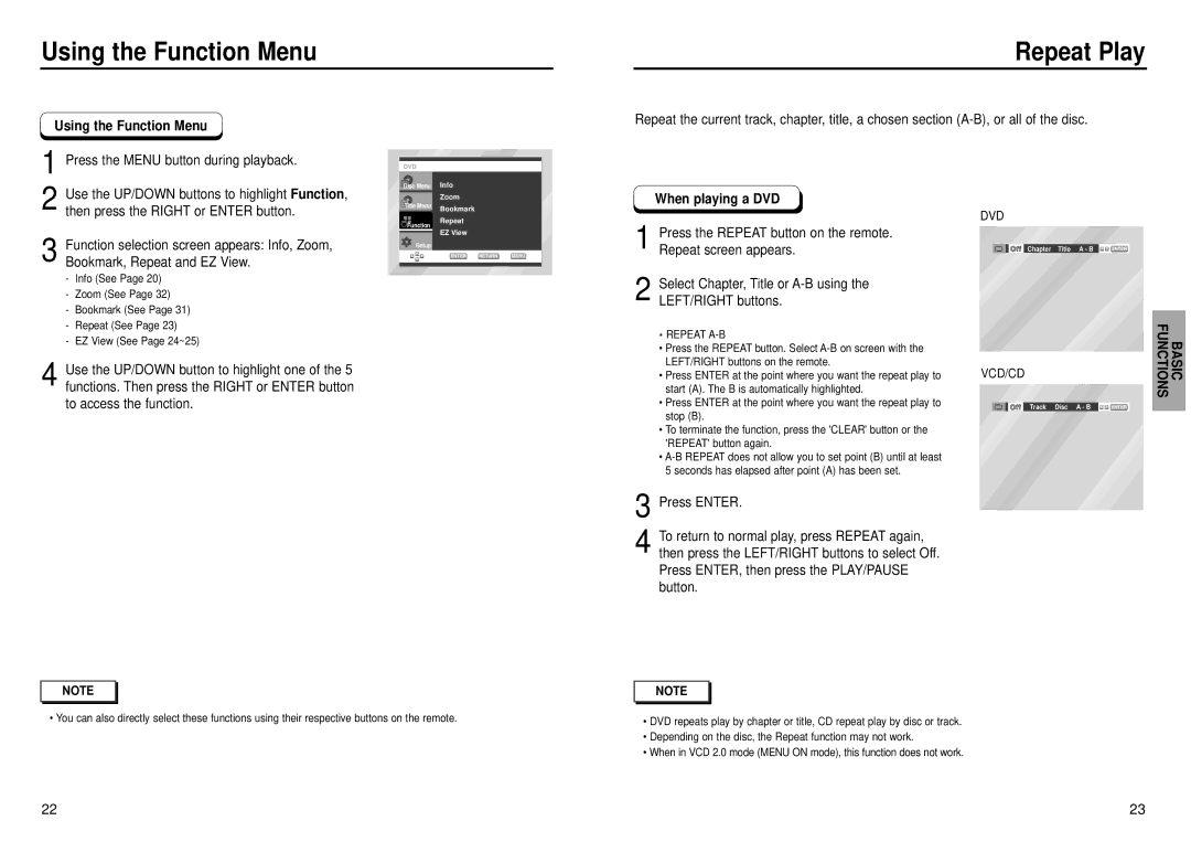 Samsung DVD-C631P manual Using the Function Menu Repeat Play, When playing a DVD, Basic Functions 