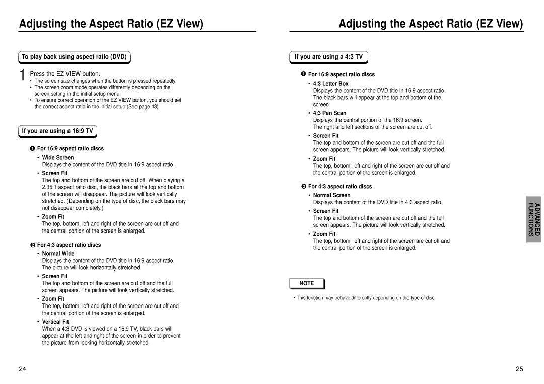 Samsung DVD-C631P manual Adjusting the Aspect Ratio EZ View, To play back using aspect ratio DVD, Press the EZ View button 