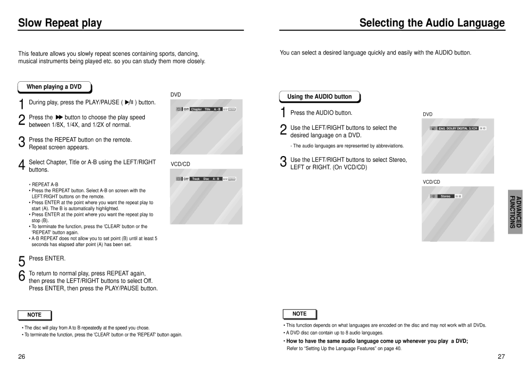 Samsung DVD-C631P Selecting the Audio Language, Using the Audio button, Select Chapter, Title or A-B using the LEFT/RIGHT 