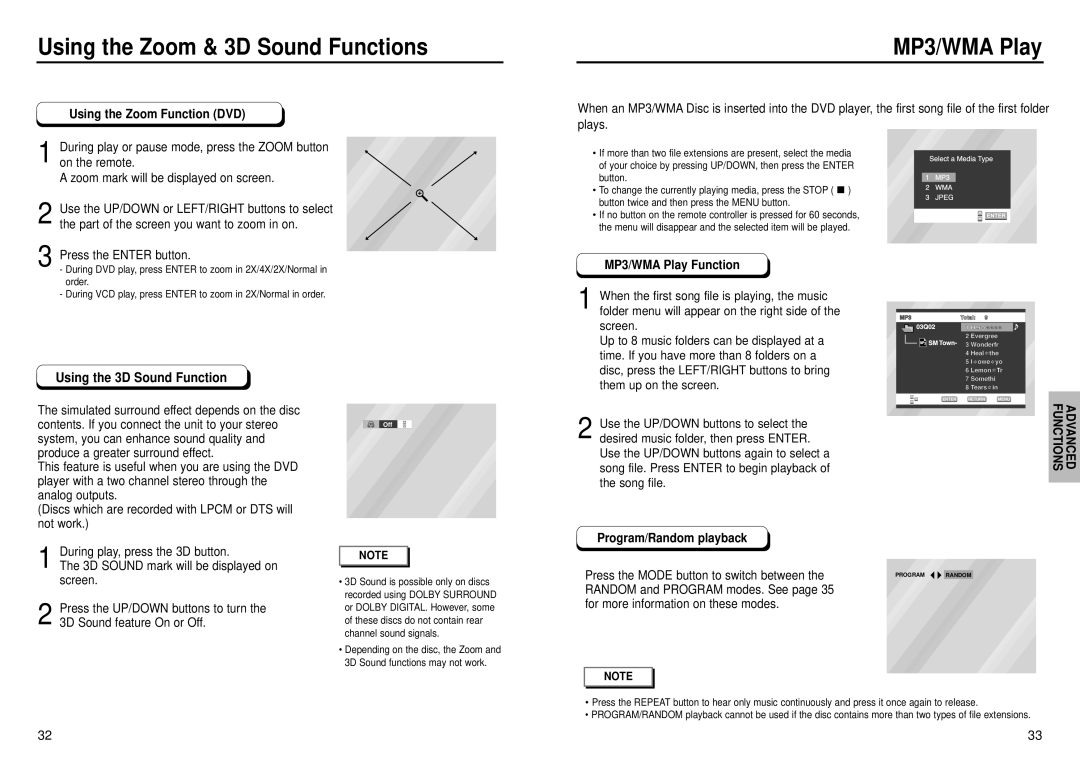 Samsung DVD-C631P manual Using the Zoom & 3D Sound Functions, MP3/WMA Play, Advanced Functions 