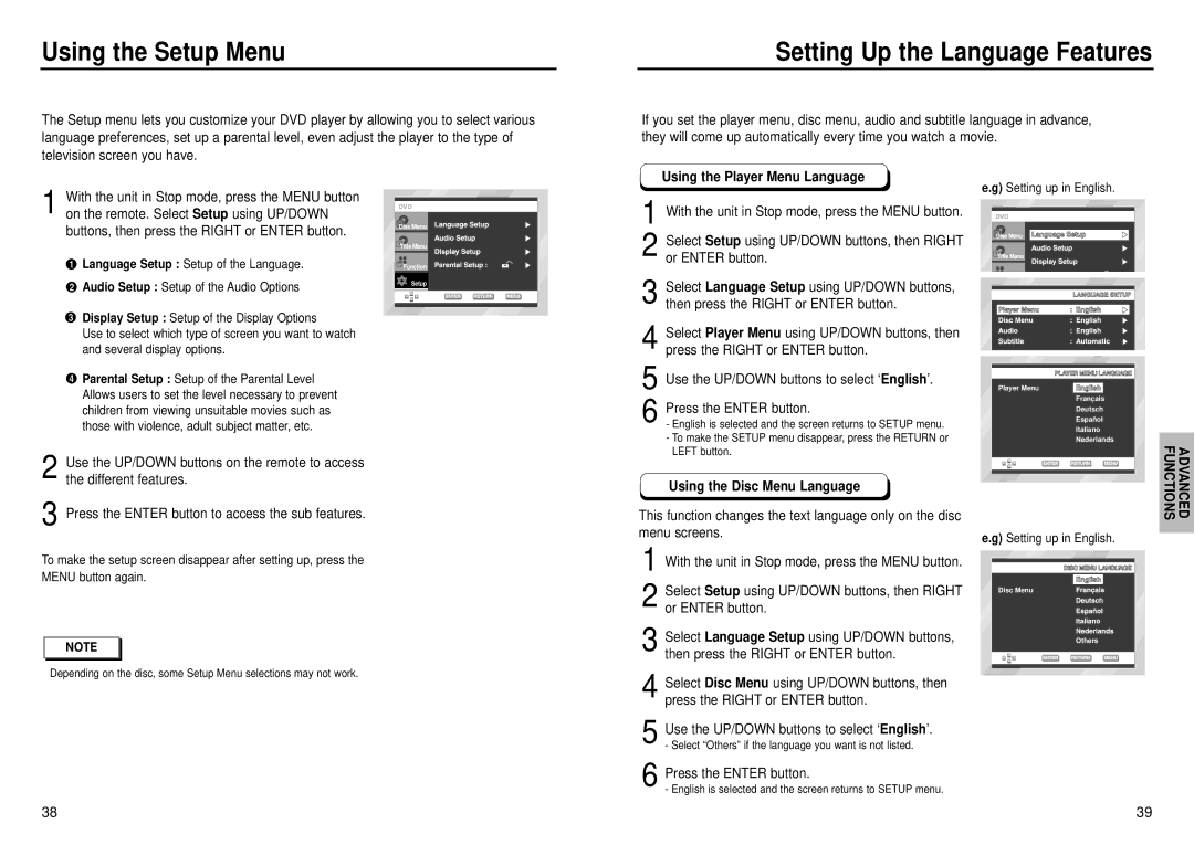 Samsung DVD-C631P manual Using the Setup Menu, Setting Up the Language Features, Using the Player Menu Language 