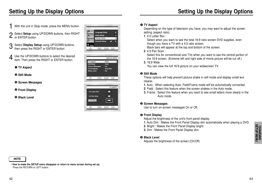 Samsung DVD-C631P manual Setting Up the Display Options, TV Aspect 