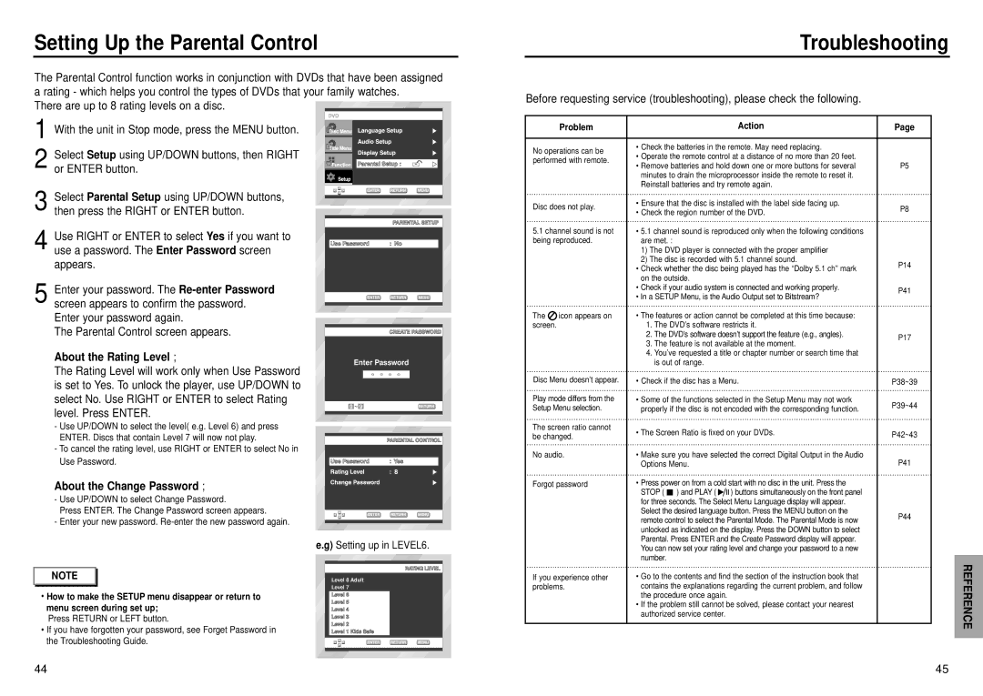 Samsung DVD-C631P Setting Up the Parental Control, Troubleshooting, About the Rating Level, About the Change Password 