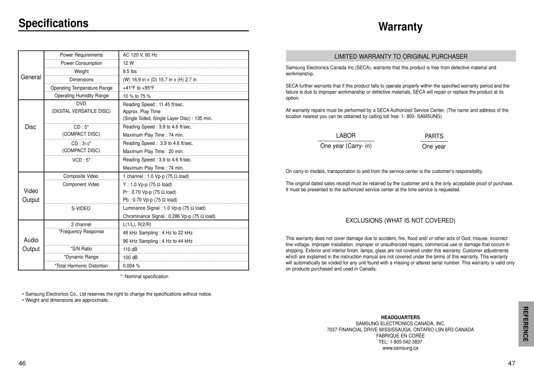 Samsung DVD-C631P manual Specifications, Warranty, Output, Audio, One year Carry 