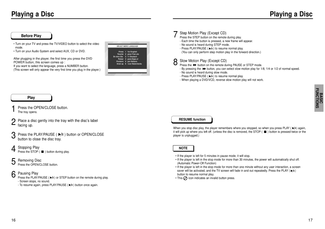 Samsung DVD-C631P Playing a Disc, Step Motion Play Except CD, Slow Motion Play Except CD, Removing Disc, Pausing Play 