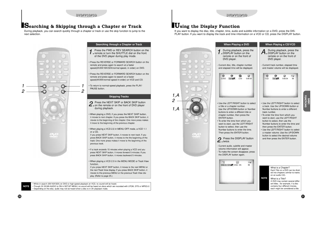 Samsung DVD-C700 manual Searching & Skipping through a Chapter or Track, Using the Display Function 