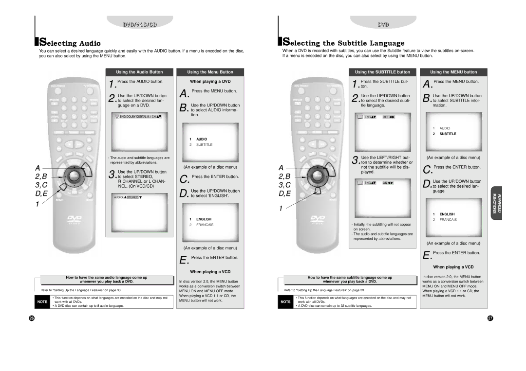 Samsung DVD-C700 manual Selecting Audio, Selecting the Subtitle Language, Using the Audio Button, Using the Menu Button 