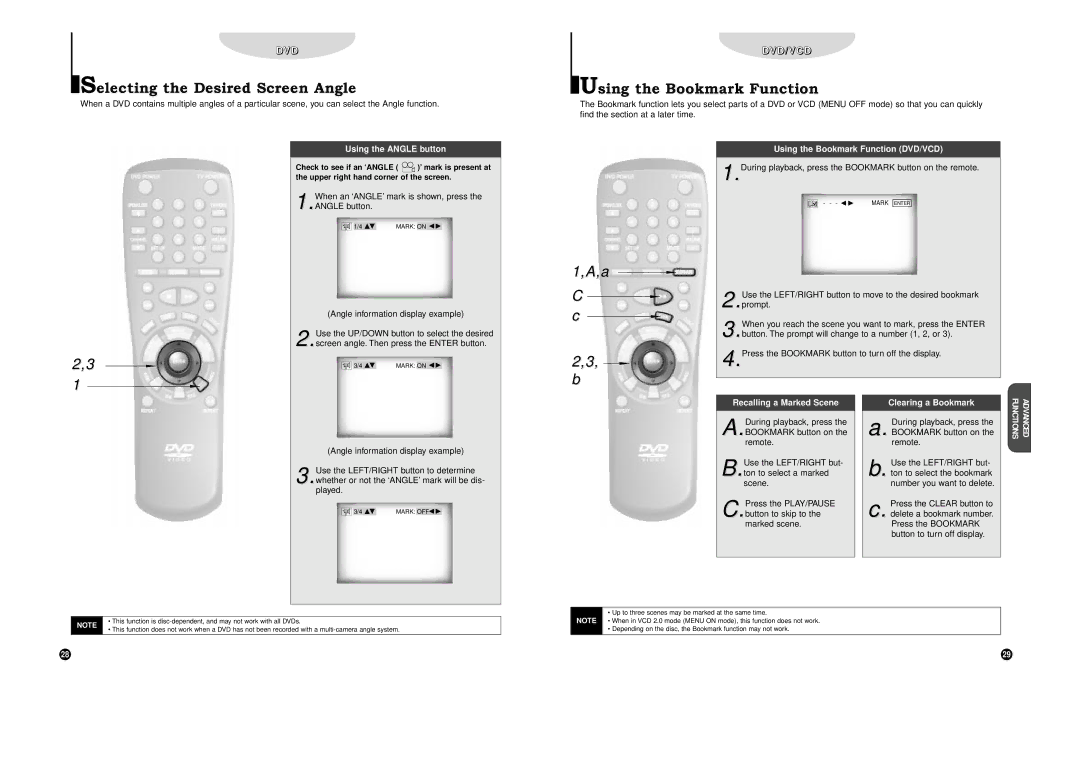 Samsung DVD-C700 manual Selecting the Desired Screen Angle, Using the Bookmark Function 