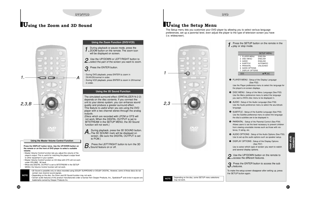 Samsung DVD-C700 manual Using the Zoom and 3D Sound, Using the Setup Menu, Using the Zoom Function DVD/VCD 