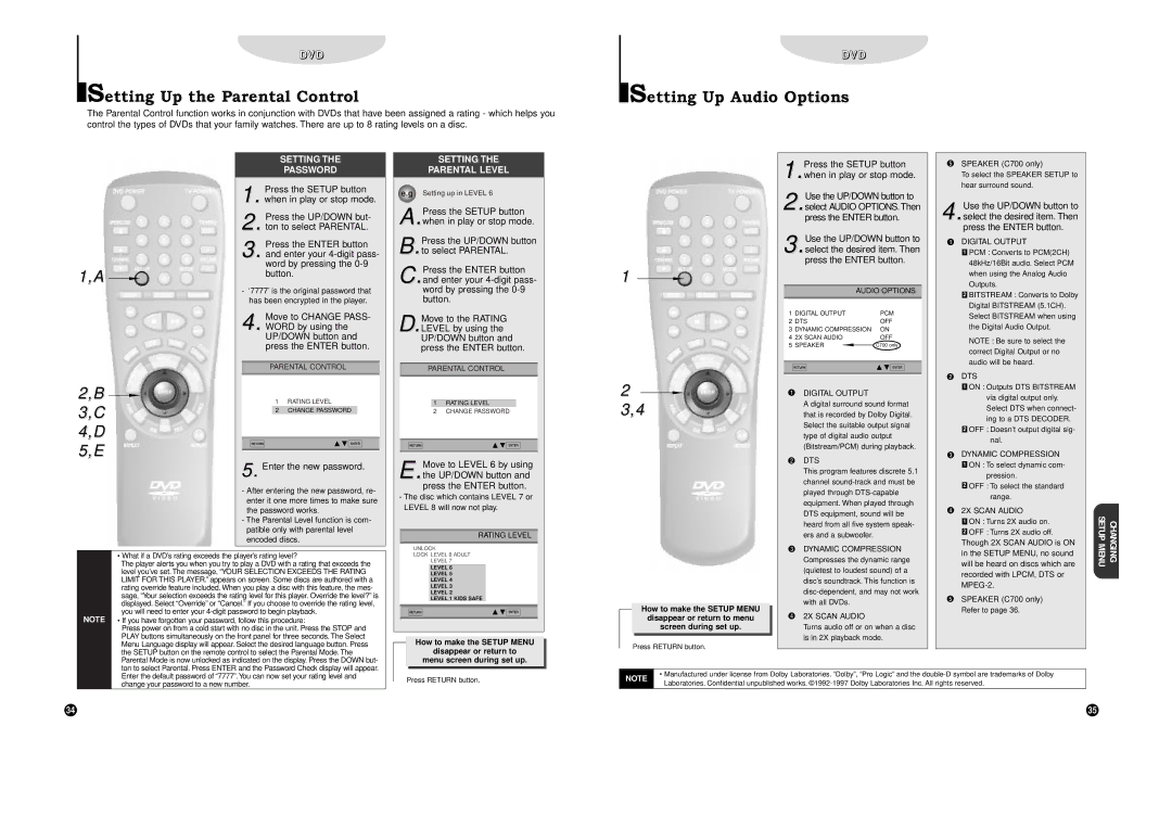 Samsung DVD-C700 manual Setting Up the Parental Control, Setting Up Audio Options 