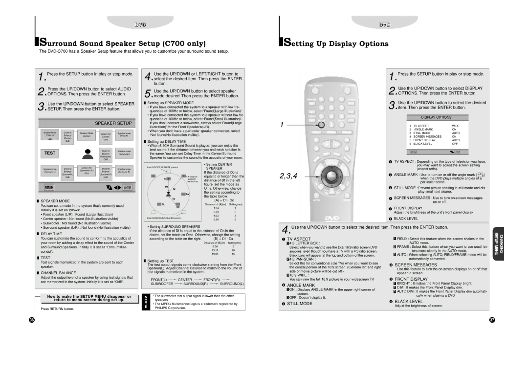 Samsung DVD-C700 Surround Sound Speaker Setup C700 only, Setting Up Display Options, Item. Then press the Enter button 