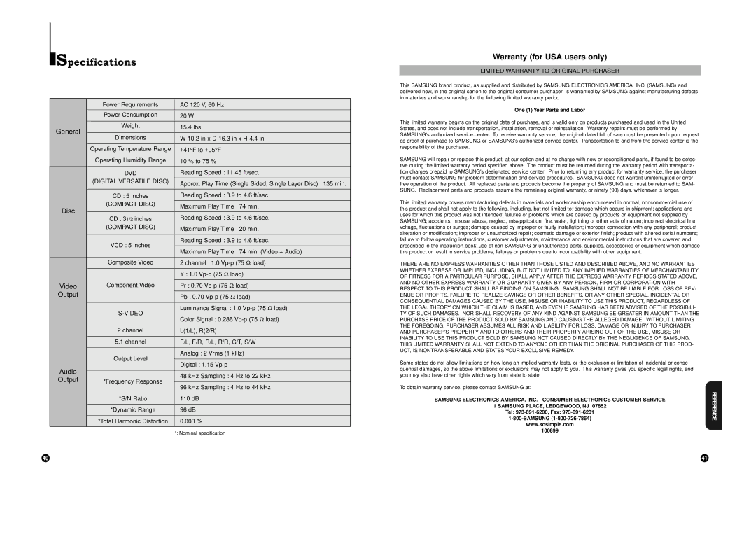 Samsung DVD-C700 manual Specifications 