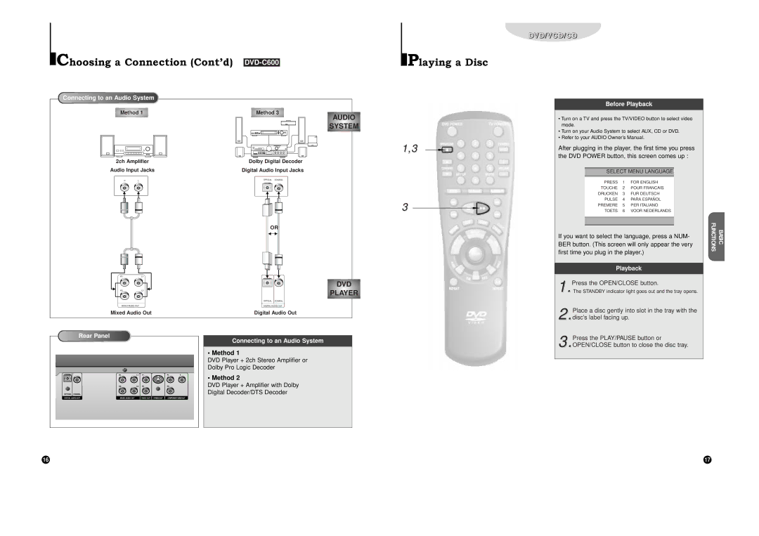 Samsung DVD-C700 Choosing a Connection ContÕd DVD-C600, Playing a Disc, Rear Panel Connecting to an Audio System, Playback 