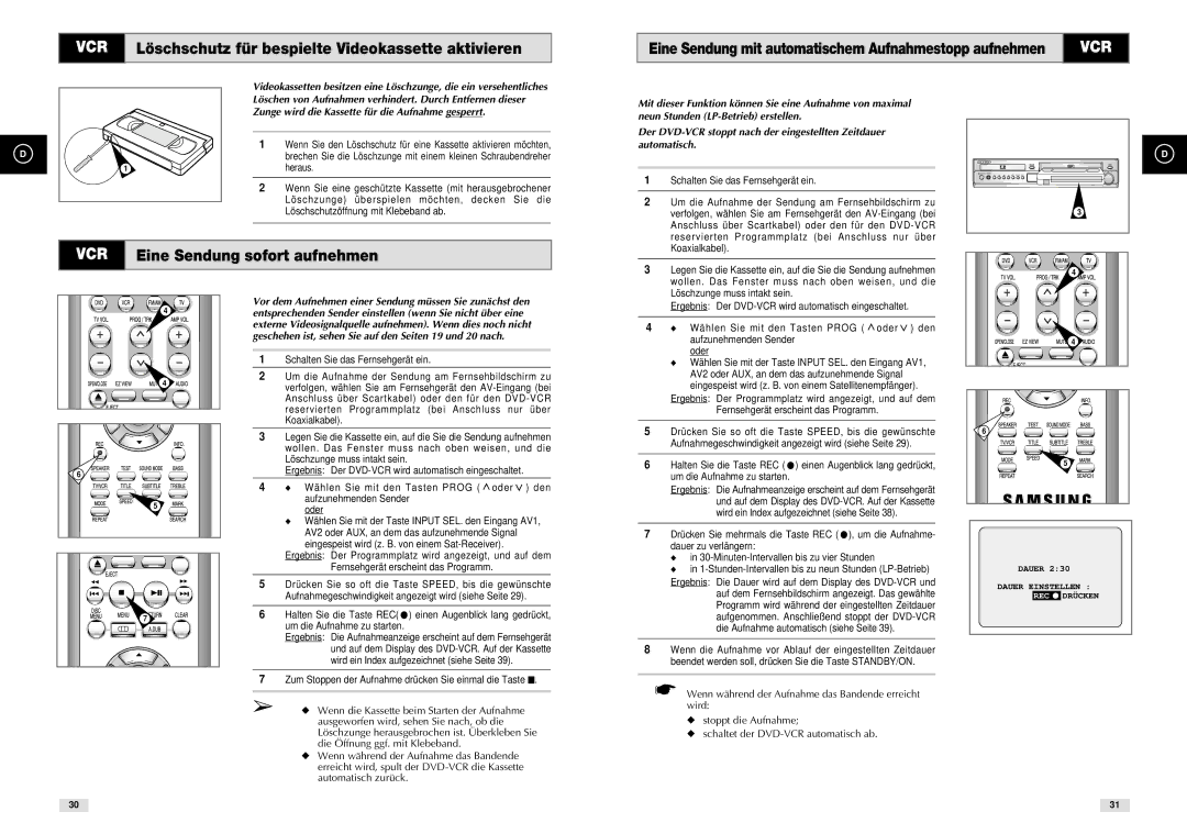 Samsung DVD-CM500H/XEF manual VCR Eine Sendung sofort aufnehmen 