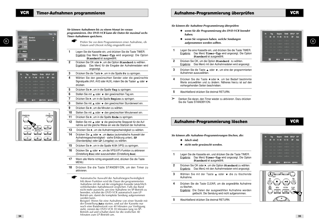 Samsung DVD-CM500H/XEF Timer-Aufnahmen programmieren, Aufnahme-Programmierung überprüfen, Aufnahme-Programmierung löschen 