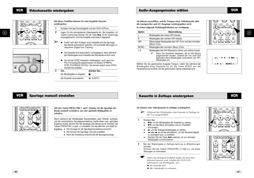 Samsung DVD-CM500H/XEF manual VCR Videokassette wiedergeben Audio-Ausgangsmodus wählen, Option Beschreibung 