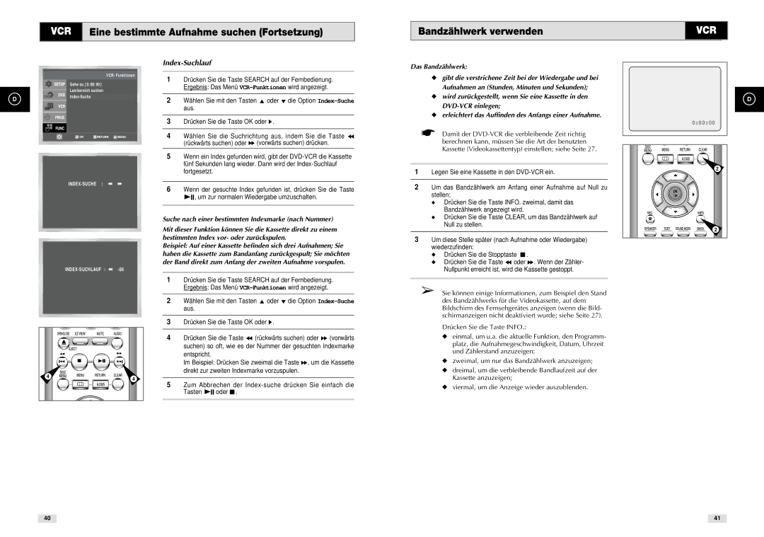 Samsung DVD-CM500H/XEF manual Index-Suchlauf, Das Bandzählwerk 