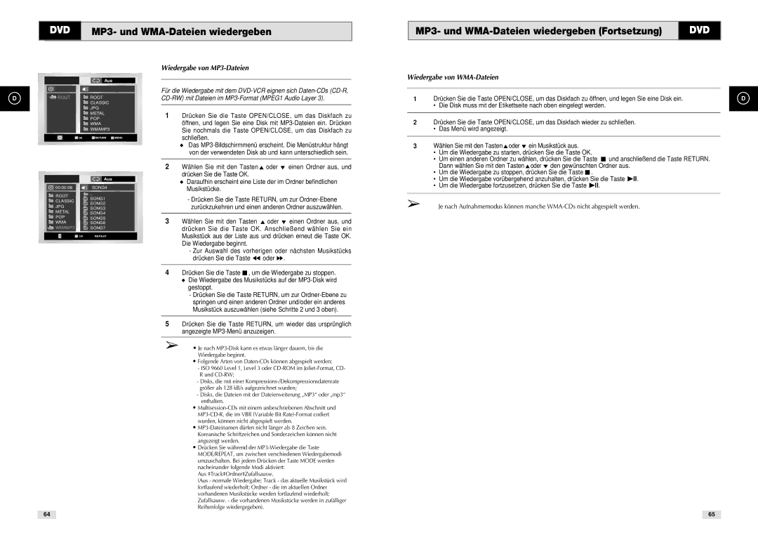 Samsung DVD-CM500H/XEF manual Wiedergabe von MP3-Dateien, Wiedergabe von WMA-Dateien 