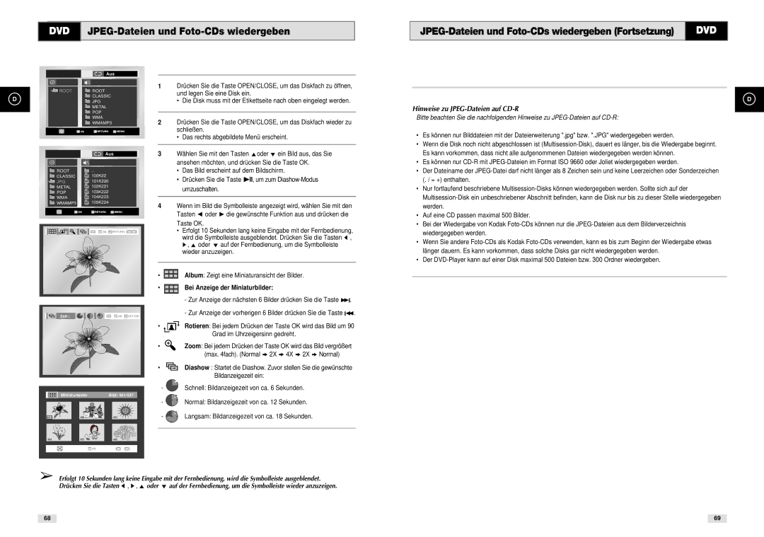 Samsung DVD-CM500H/XEF manual DVD JPEG-Dateien und Foto-CDs wiedergeben, Hinweise zu JPEG-Dateien auf CD-R 
