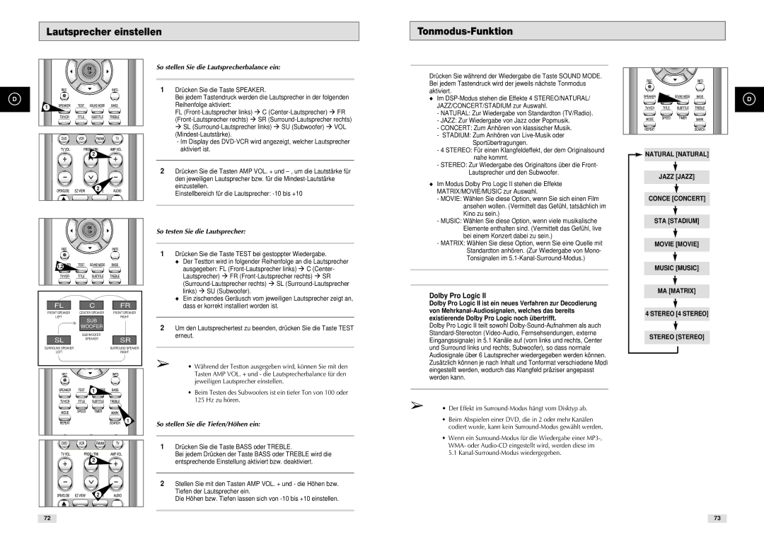 Samsung DVD-CM500H/XEF manual Lautsprecher einstellen Tonmodus-Funktion, Dolby Pro Logic, So testen Sie die Lautsprecher 