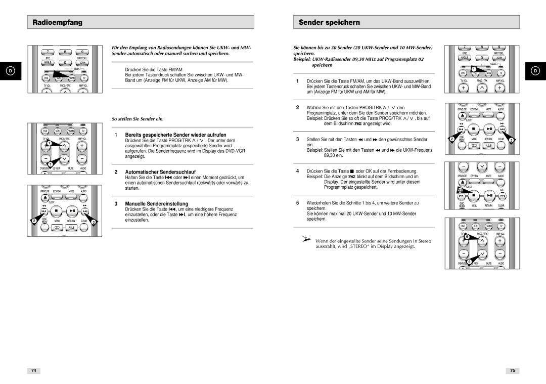 Samsung DVD-CM500H/XEF manual Radioempfang Sender speichern, Bereits gespeicherte Sender wieder aufrufen 