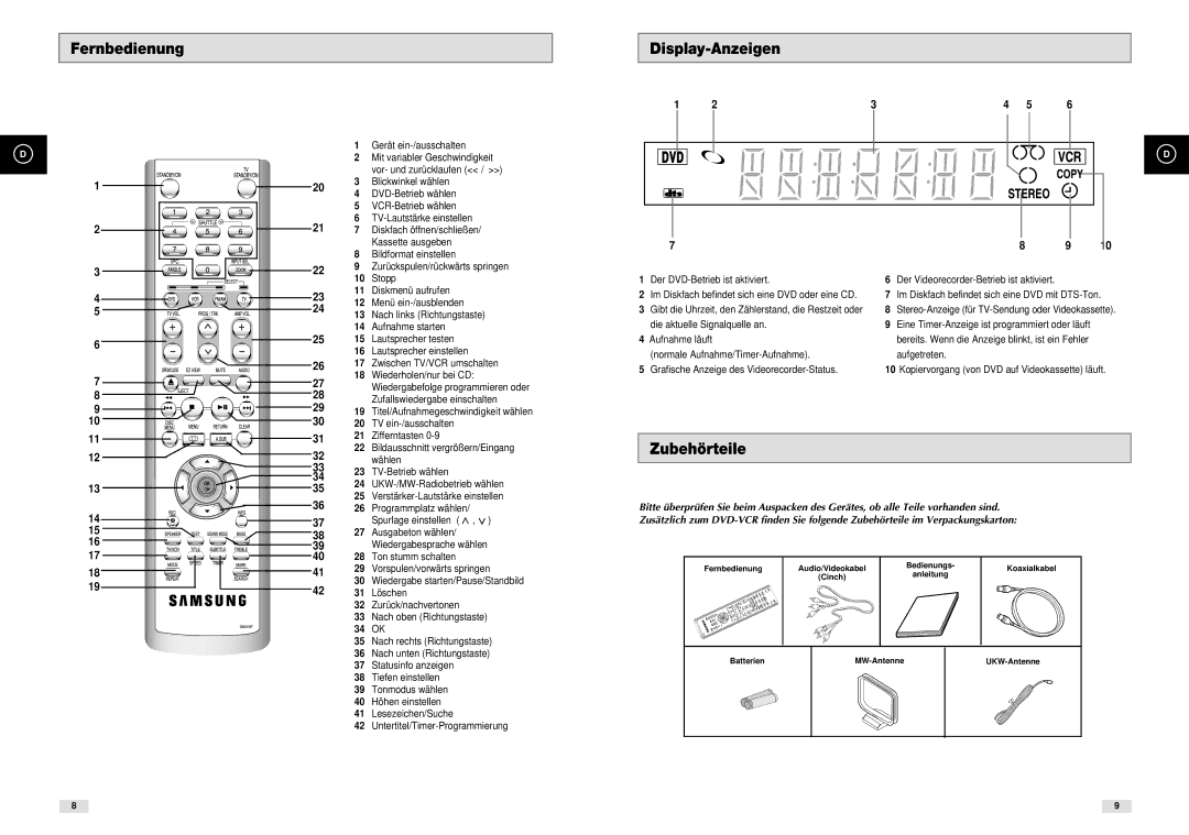 Samsung DVD-CM500H/XEF manual Fernbedienung Display-Anzeigen, Zubehörteile, 34 OK 