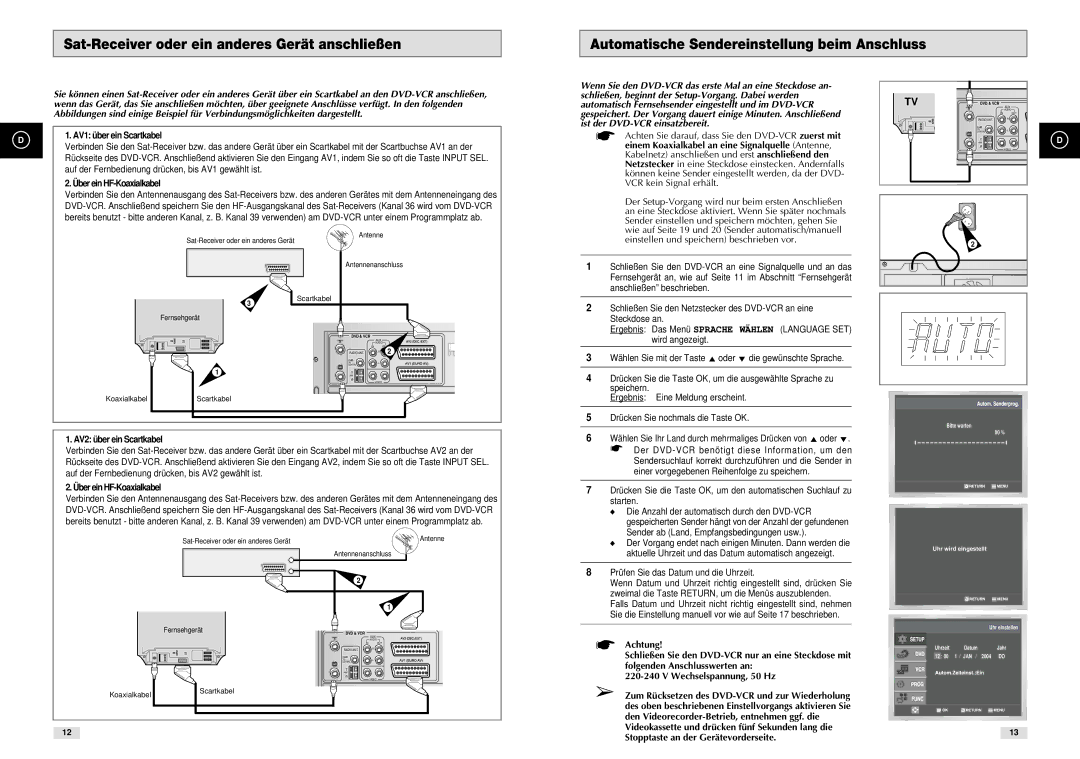 Samsung DVD-CM500H/XEF Sat-Receiver oder ein anderes Gerät anschließen, Automatische Sendereinstellung beim Anschluss 