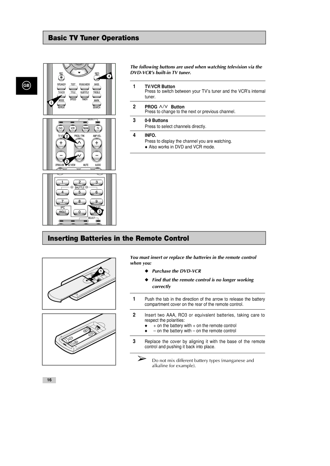 Samsung DVD-CM500H/XEF manual Basic TV Tuner Operations, Inserting Batteries in the Remote Control 