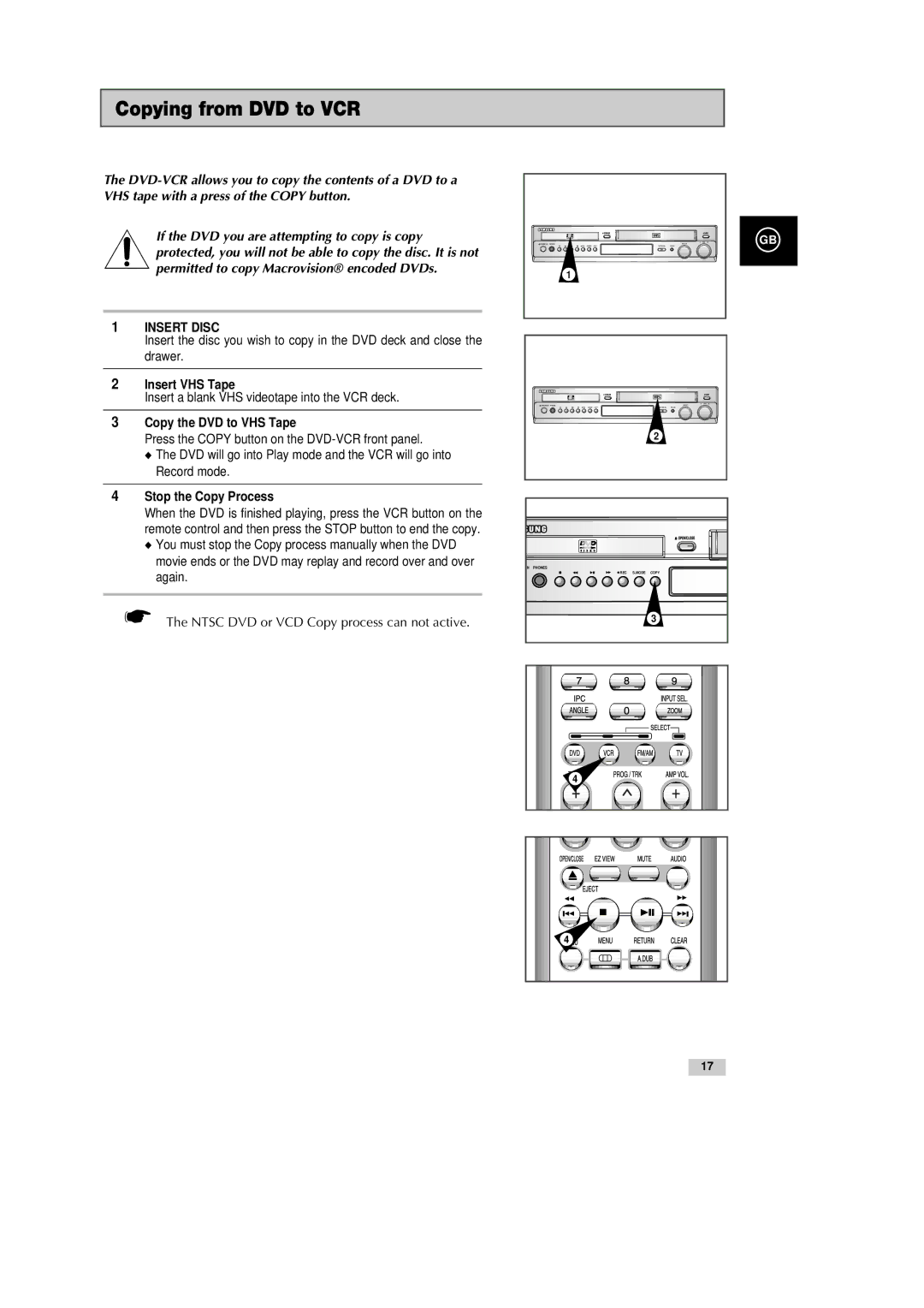 Samsung DVD-CM500H/XEF manual Copying from DVD to VCR, Insert VHS Tape, Insert a blank VHS videotape into the VCR deck 