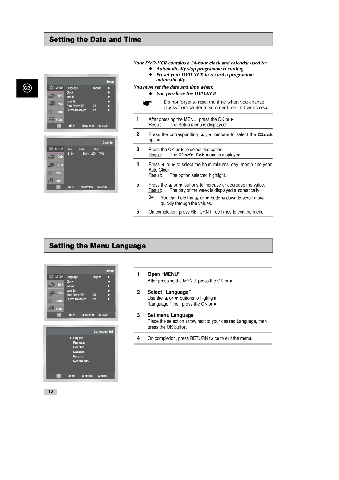 Samsung DVD-CM500H/XEF Setting the Date and Time, Setting the Menu Language, Open Menu, Select Language, Set menu Language 