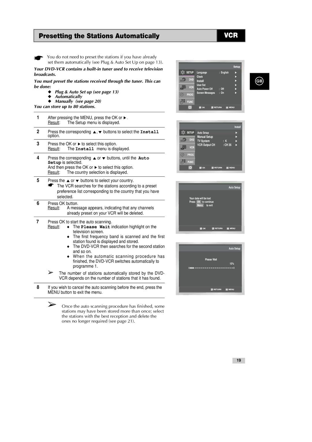 Samsung DVD-CM500H/XEF manual Presetting the Stations Automatically, Vcr 