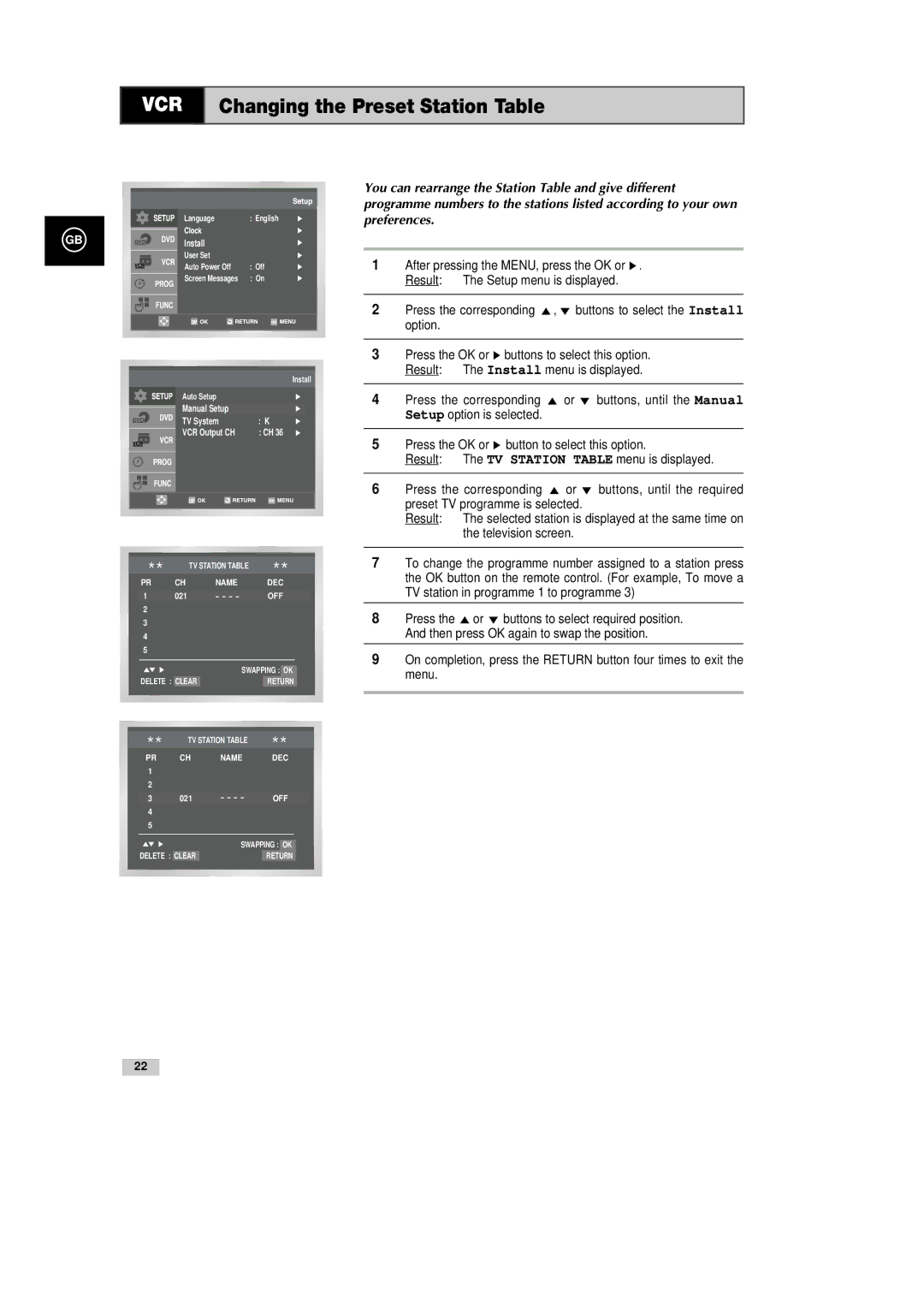 Samsung DVD-CM500H/XEF manual Changing the Preset Station Table, Television screen 