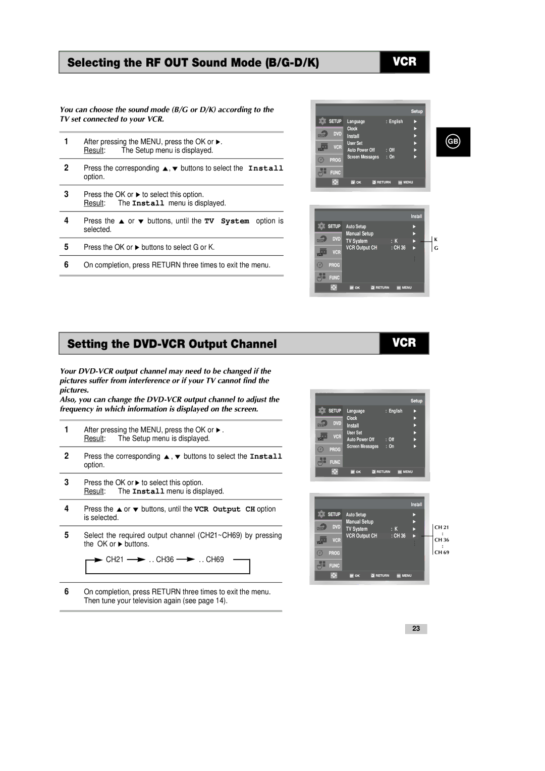 Samsung DVD-CM500H/XEF manual Selecting the RF OUT Sound Mode B/G-D/K, Setting the DVD-VCR Output Channel 