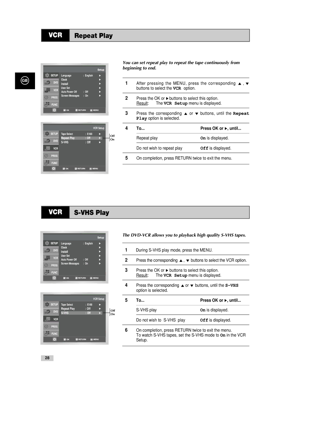 Samsung DVD-CM500H/XEF manual Repeat Play, VHS Play, DVD-VCR allows you to playback high quality S-VHS tapes 