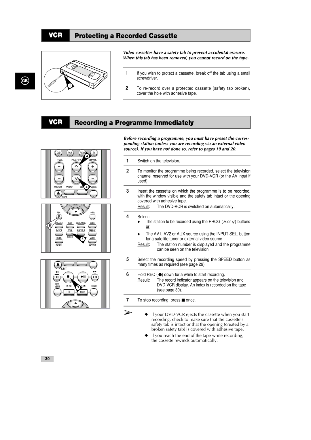 Samsung DVD-CM500H/XEF manual VCR Protecting a Recorded Cassette, VCR Recording a Programme Immediately 