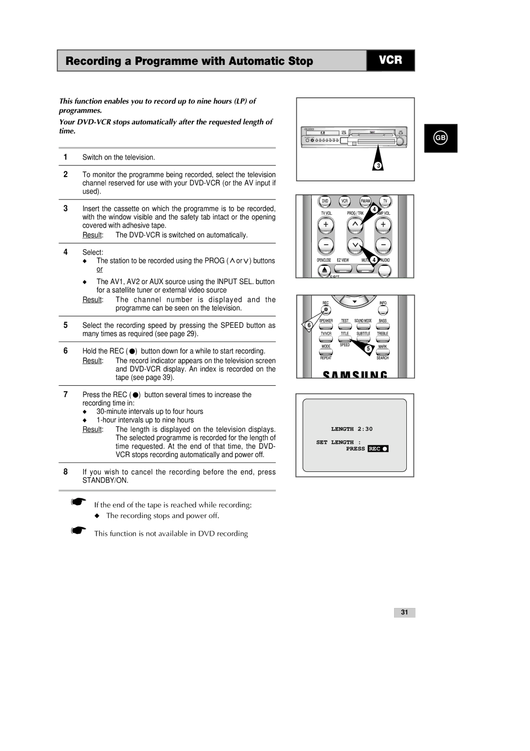 Samsung DVD-CM500H/XEF manual Recording a Programme with Automatic Stop 