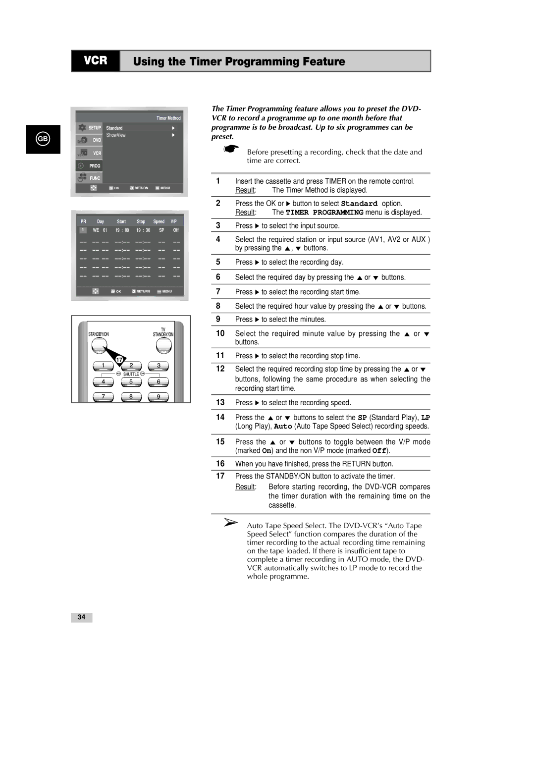 Samsung DVD-CM500H/XEF Using the Timer Programming Feature, Preset, Press the OK or ❿ button to select Standard option 