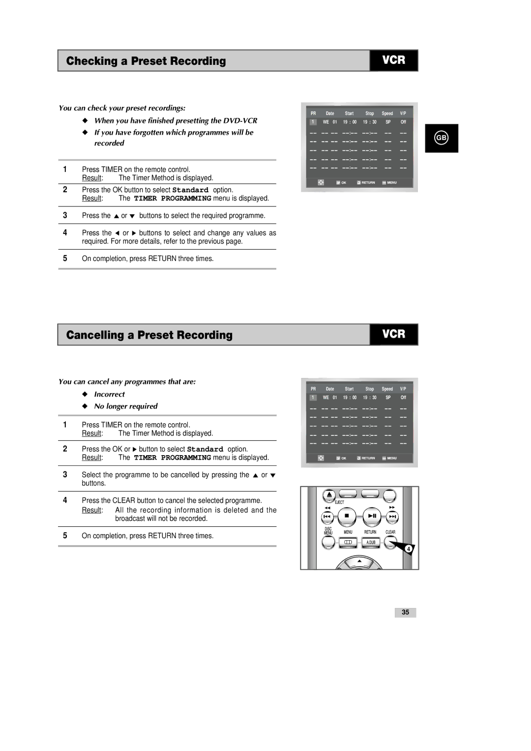 Samsung DVD-CM500H/XEF manual Checking a Preset Recording, Cancelling a Preset Recording 