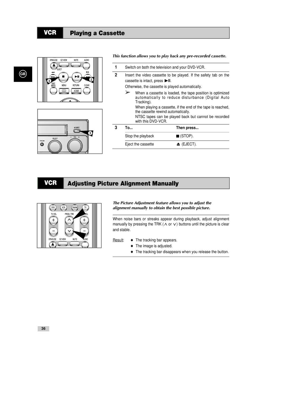 Samsung DVD-CM500H/XEF manual Playing a Cassette, Adjusting Picture Alignment Manually, Then press 