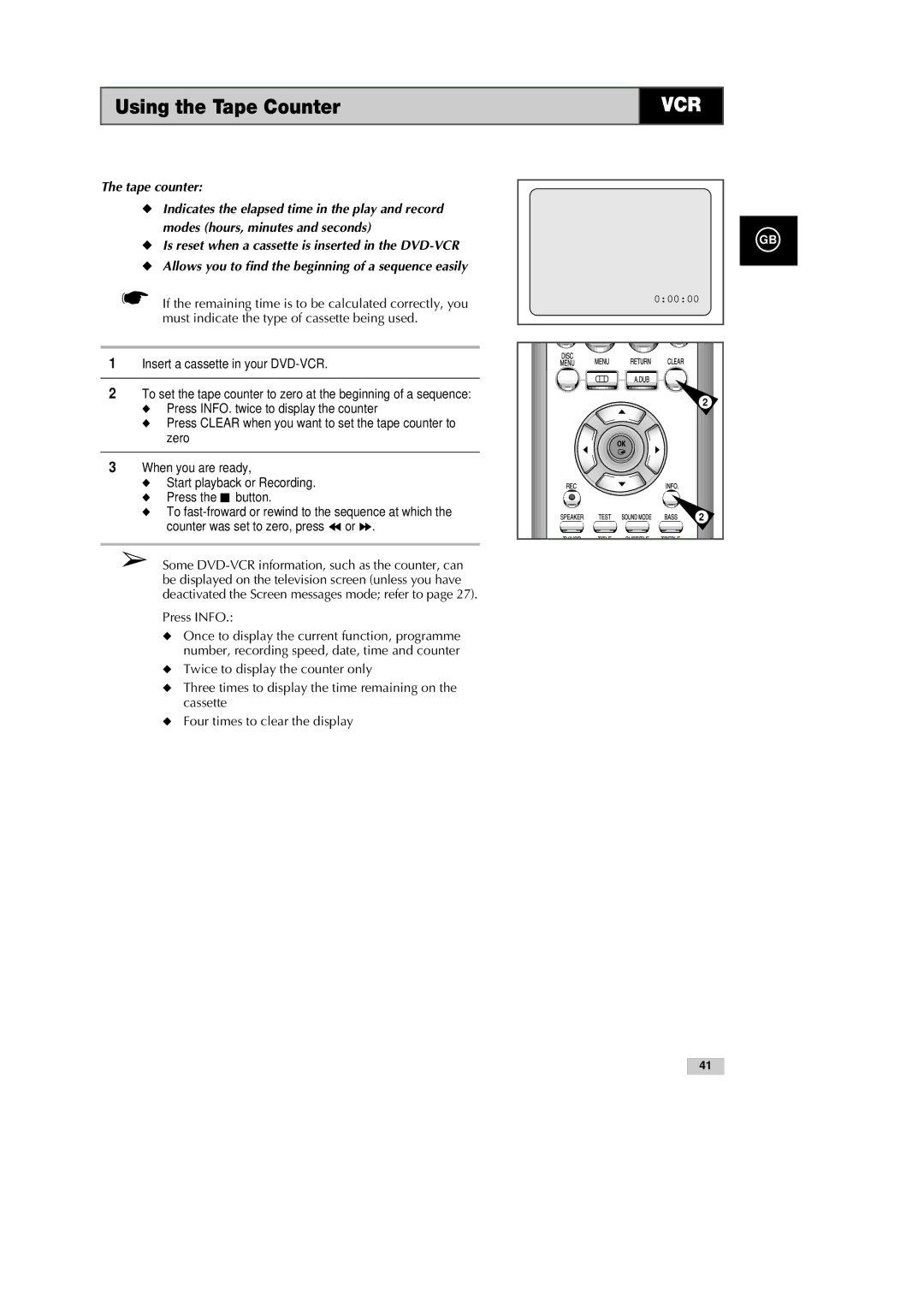 Samsung DVD-CM500H/XEF manual Using the Tape Counter 