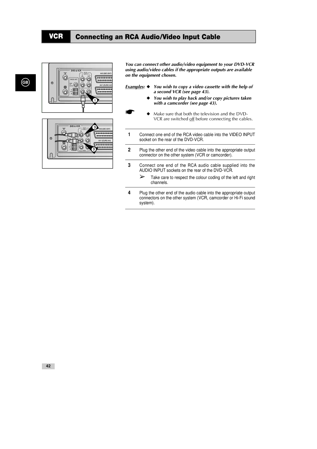 Samsung DVD-CM500H/XEF manual VCR Connecting an RCA Audio/Video Input Cable 