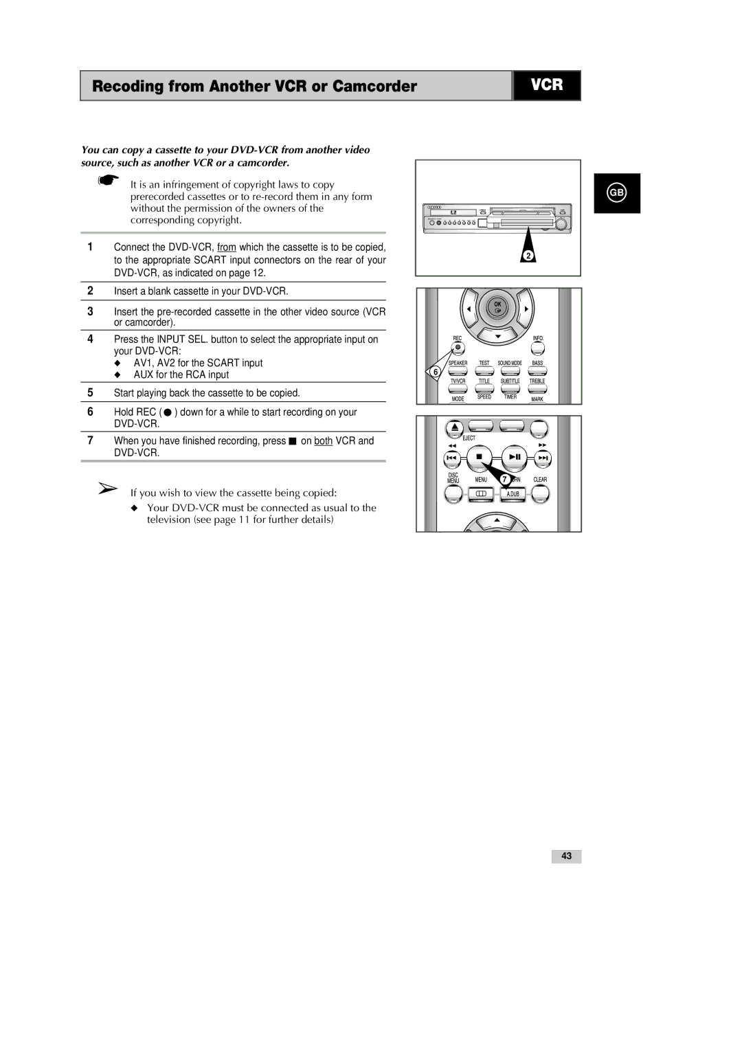 Samsung DVD-CM500H/XEF manual Recoding from Another VCR or Camcorder 