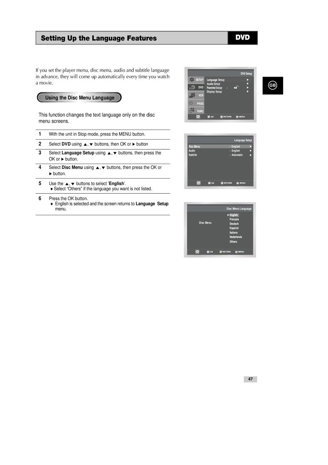 Samsung DVD-CM500H/XEF manual Setting Up the Language Features, Using the Disc Menu Language 