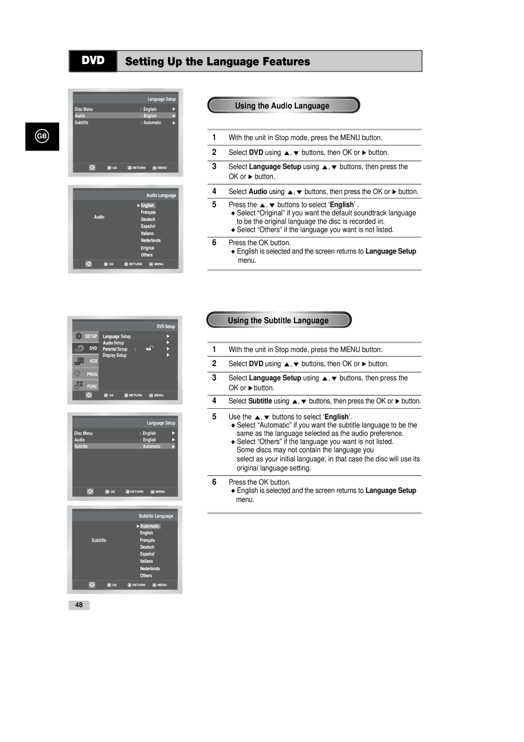 Samsung DVD-CM500H/XEF Using the Audio Language, Using the Subtitle Language, Press the ,❷ buttons to select ‘English’ 