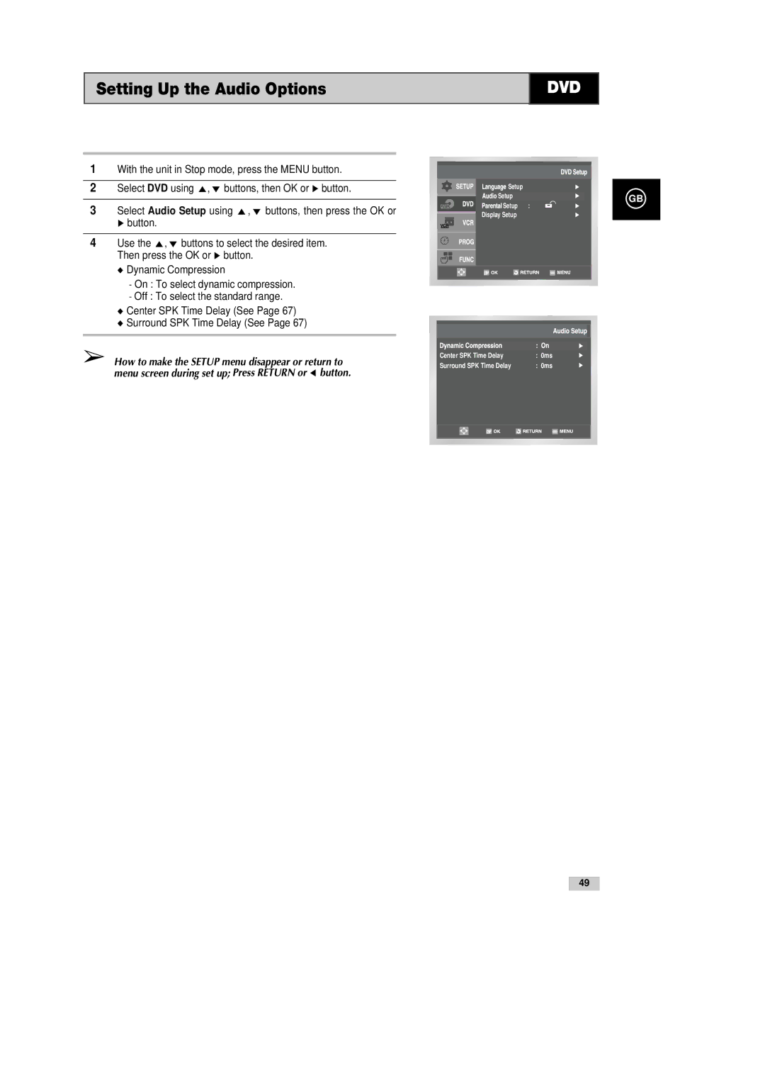 Samsung DVD-CM500H/XEF manual Setting Up the Audio Options 