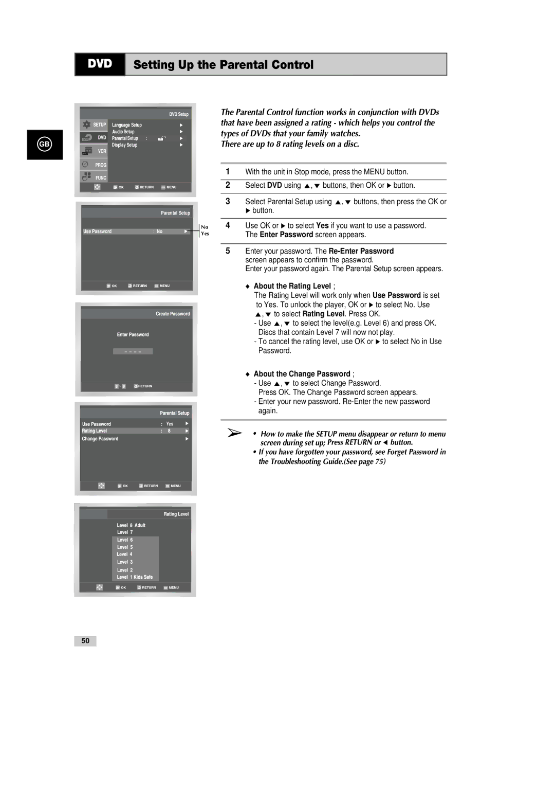 Samsung DVD-CM500H/XEF manual Setting Up the Parental Control, ❿ button, About the Rating Level, About the Change Password 