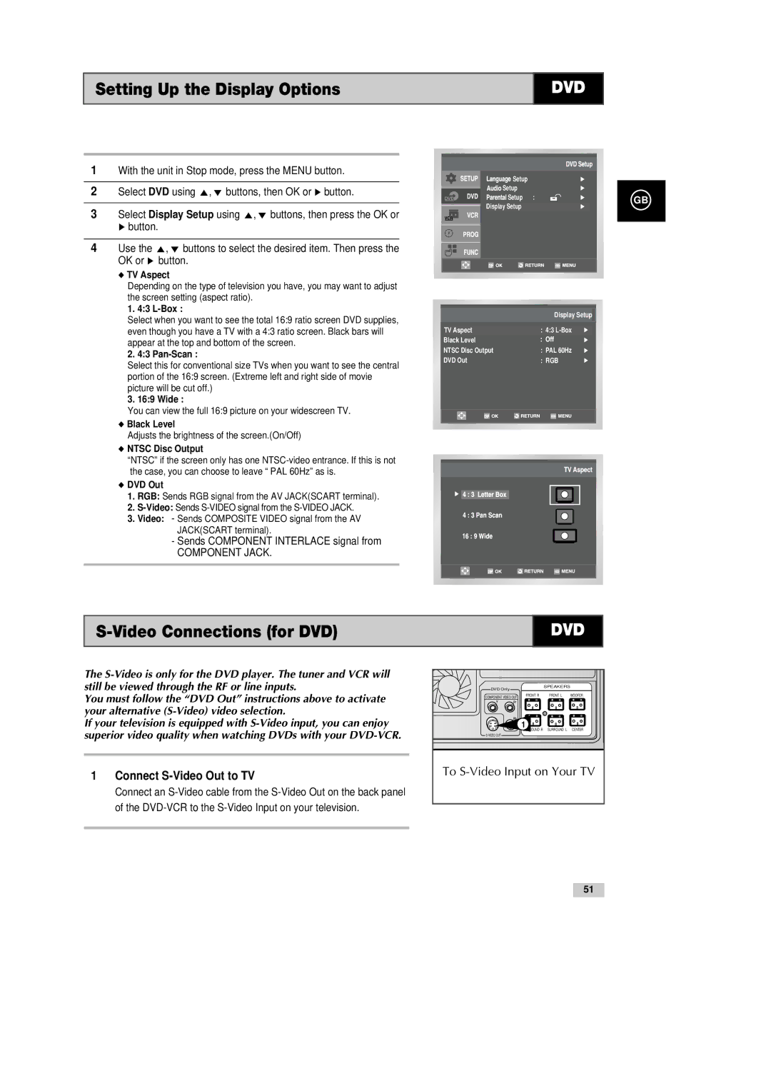 Samsung DVD-CM500H/XEF manual Setting Up the Display Options, Video Connections for DVD, Connect S-Video Out to TV 