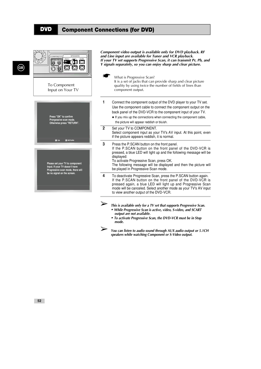 Samsung DVD-CM500H/XEF manual DVD Component Connections for DVD, To Component Input on Your TV 